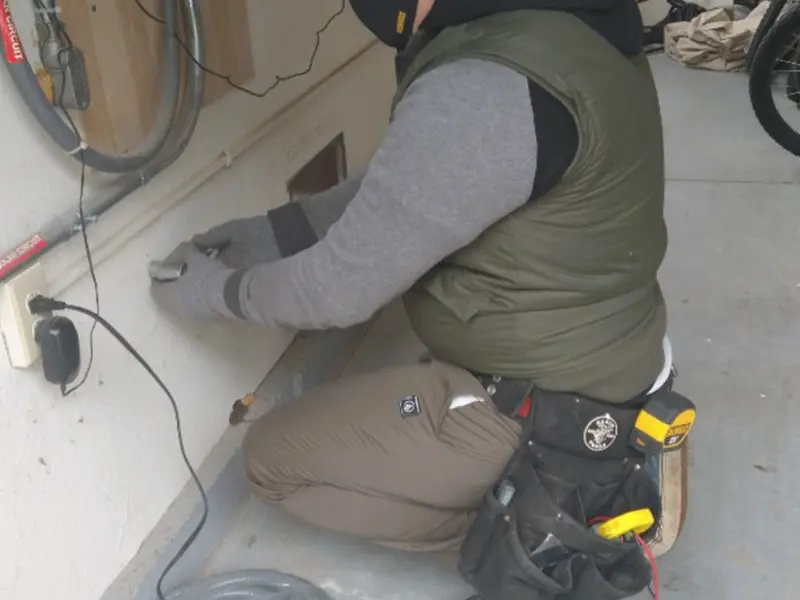 Electrician performing outlet wiring in a Bentonville garage